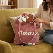 Custom Chenille Name Tote Bag, Personalized Corduroy Work Purse with Zipper, Bridesmaid Gift Bag