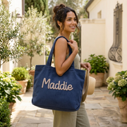 Custom Chenille Name Tote Bag, Personalized Corduroy Work Purse with Zipper, Bridesmaid Gift Bag
