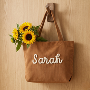 Custom Chenille Name Tote Bag, Personalized Corduroy Work Purse with Zipper, Bridesmaid Gift Bag