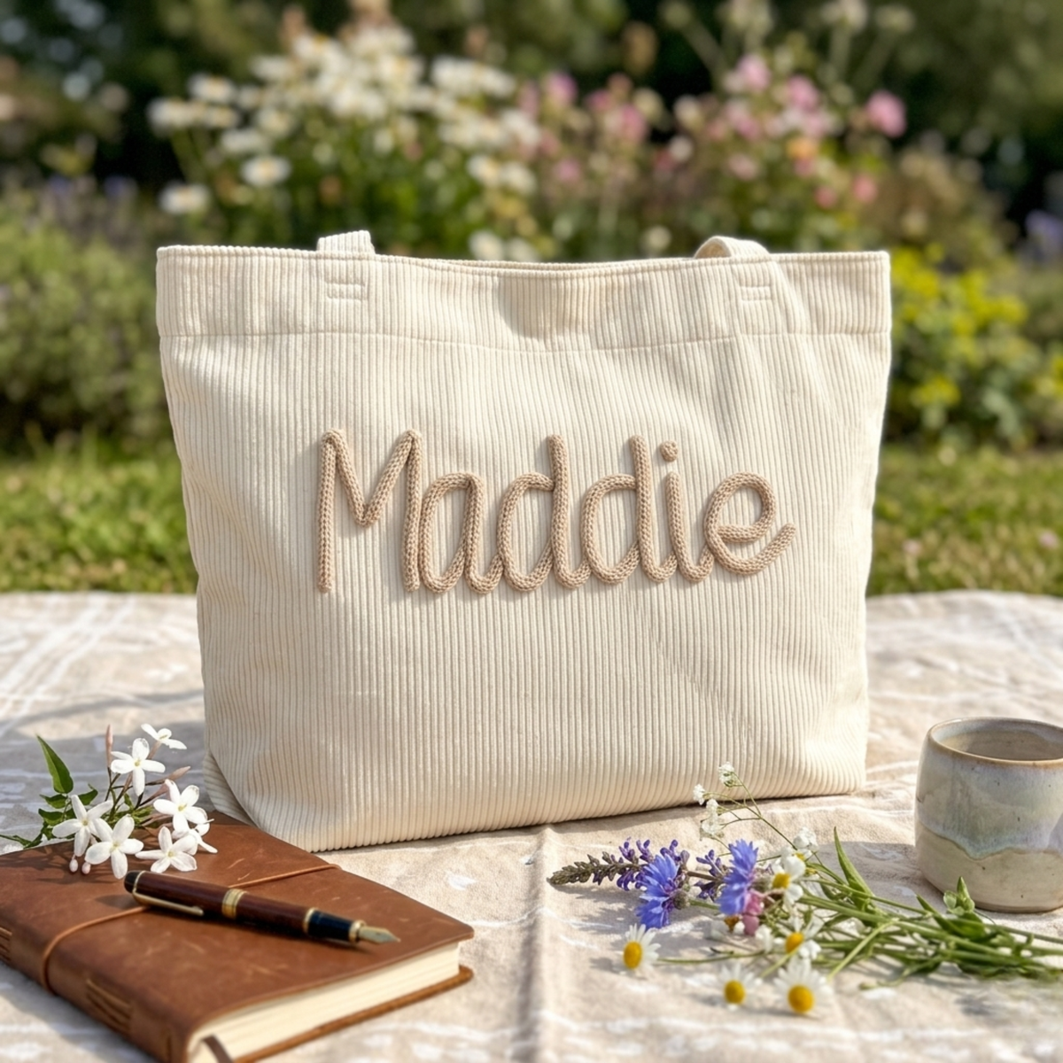 Custom Chenille Name Tote Bag, Personalized Corduroy Work Purse with Zipper, Bridesmaid Gift Bag