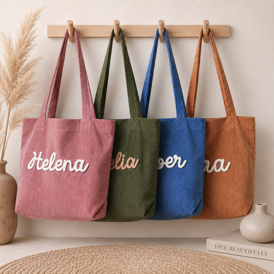 Custom Chenille Name Tote Bag, Personalized Corduroy Work Purse with Zipper, Bridesmaid Gift Bag