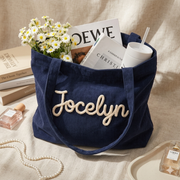 Custom Chenille Name Tote Bag, Personalized Corduroy Work Purse with Zipper, Bridesmaid Gift Bag