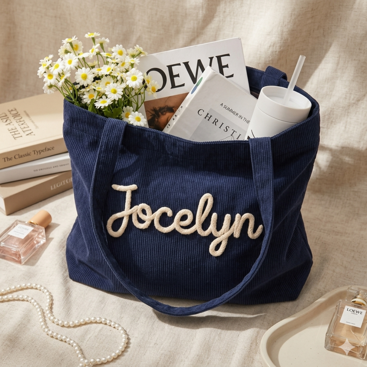 Custom Chenille Name Tote Bag, Personalized Corduroy Work Purse with Zipper, Bridesmaid Gift Bag