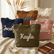 Custom Chenille Name Tote Bag, Personalized Corduroy Work Purse with Zipper, Bridesmaid Gift Bag