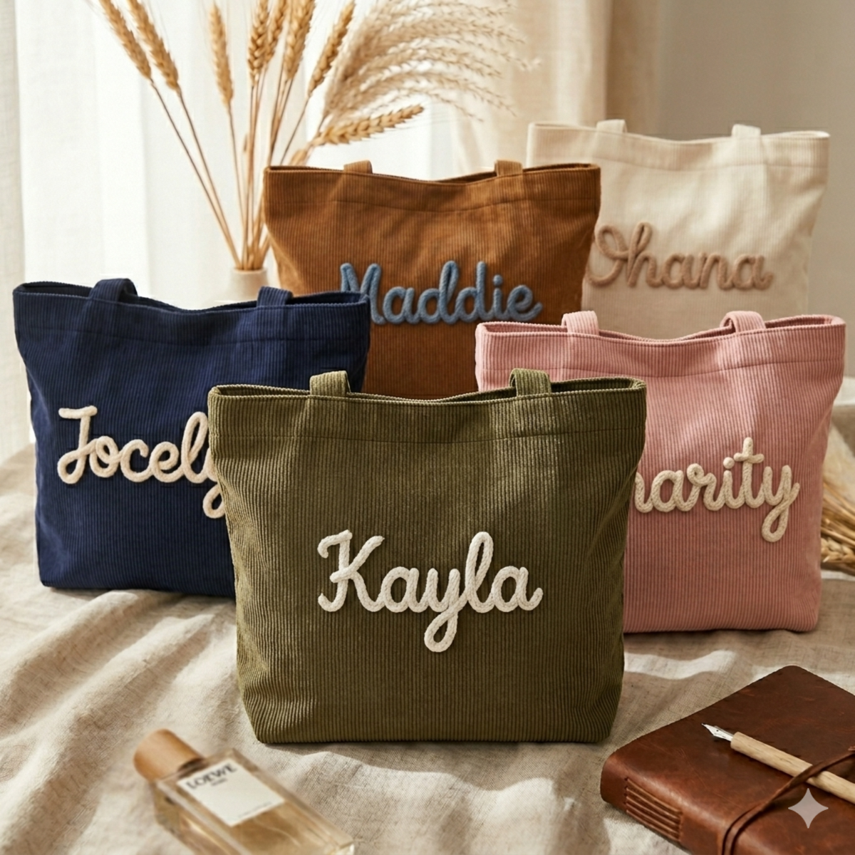 Custom Chenille Name Tote Bag, Personalized Corduroy Work Purse with Zipper, Bridesmaid Gift Bag