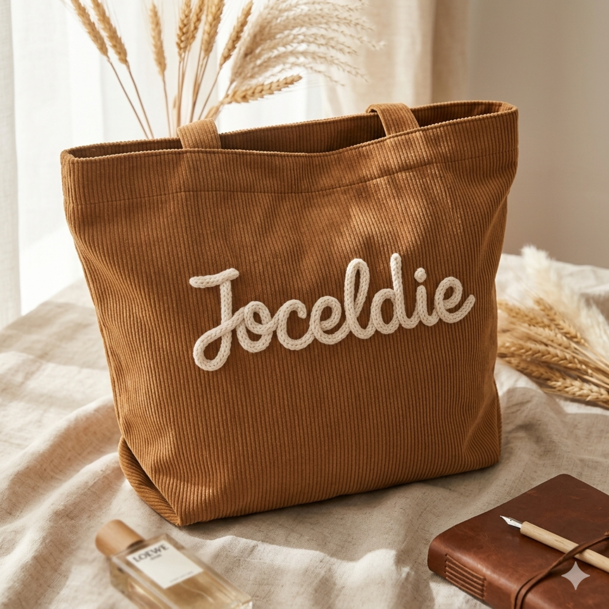 Custom Chenille Name Tote Bag, Personalized Corduroy Work Purse with Zipper, Bridesmaid Gift Bag