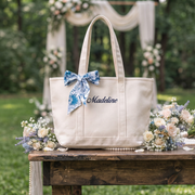 Bridesmiad Tote Bag, Custom Large Tote with Free Ribbon, Personalized Embriodered Bag Bachelorette Party Gift Set, White Canvas Bag