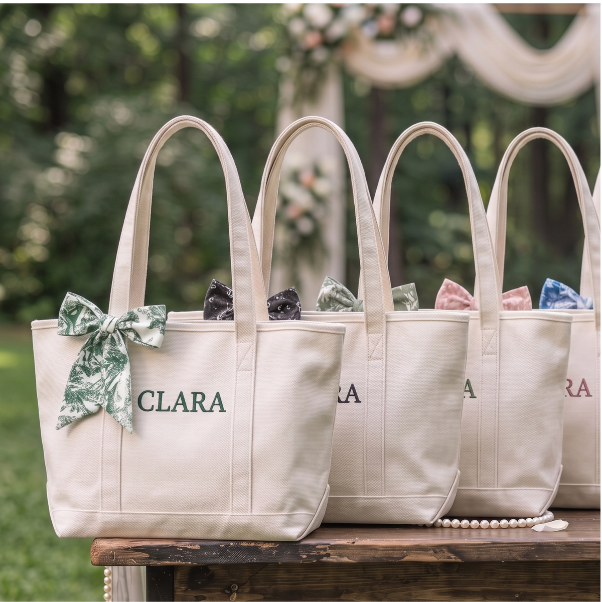 Bridesmiad Tote Bag, Custom Large Tote with Free Ribbon, Personalized Embriodered Bag Bachelorette Party Gift Set, White Canvas Bag