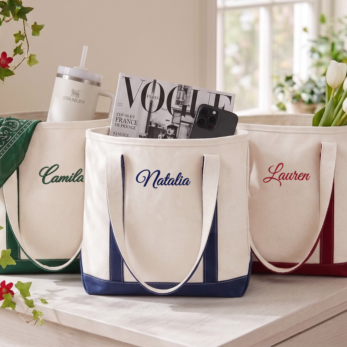 Bridesmiad Tote Bag, Custom Large Tote with Free Ribbon, Personalized Embriodered Bag Bachelorette Party Gift Set, White Canvas Bag