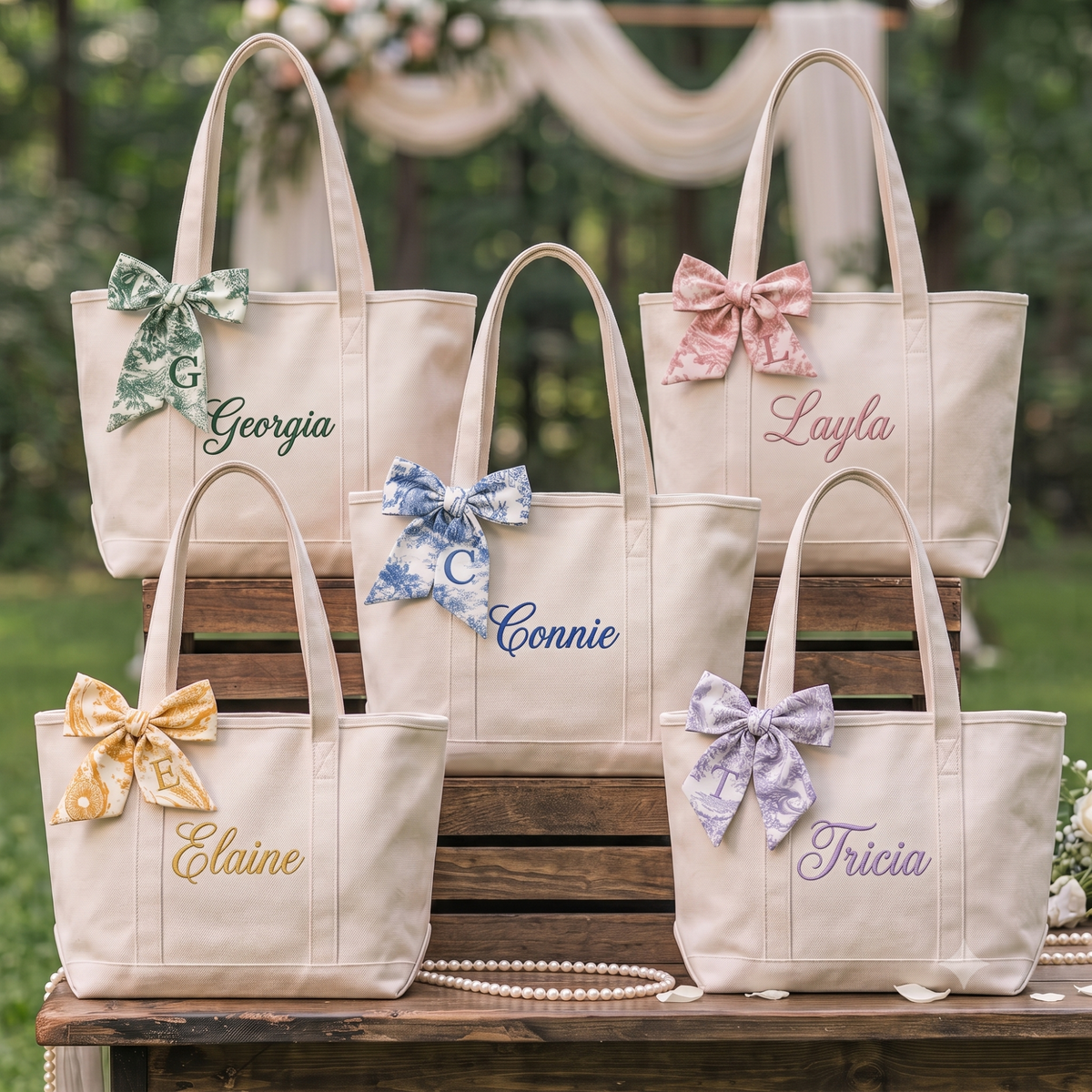 Personalized Canvas Bag for Bridesmaid with Free Ribbon, Custom Tote Bag bachelorette Party Gift, Embroidered Bags