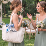 Bridesmiad Tote Bag, Custom Large Tote with Free Ribbon, Personalized Embriodered Bag Bachelorette Party Gift Set, White Canvas Bag