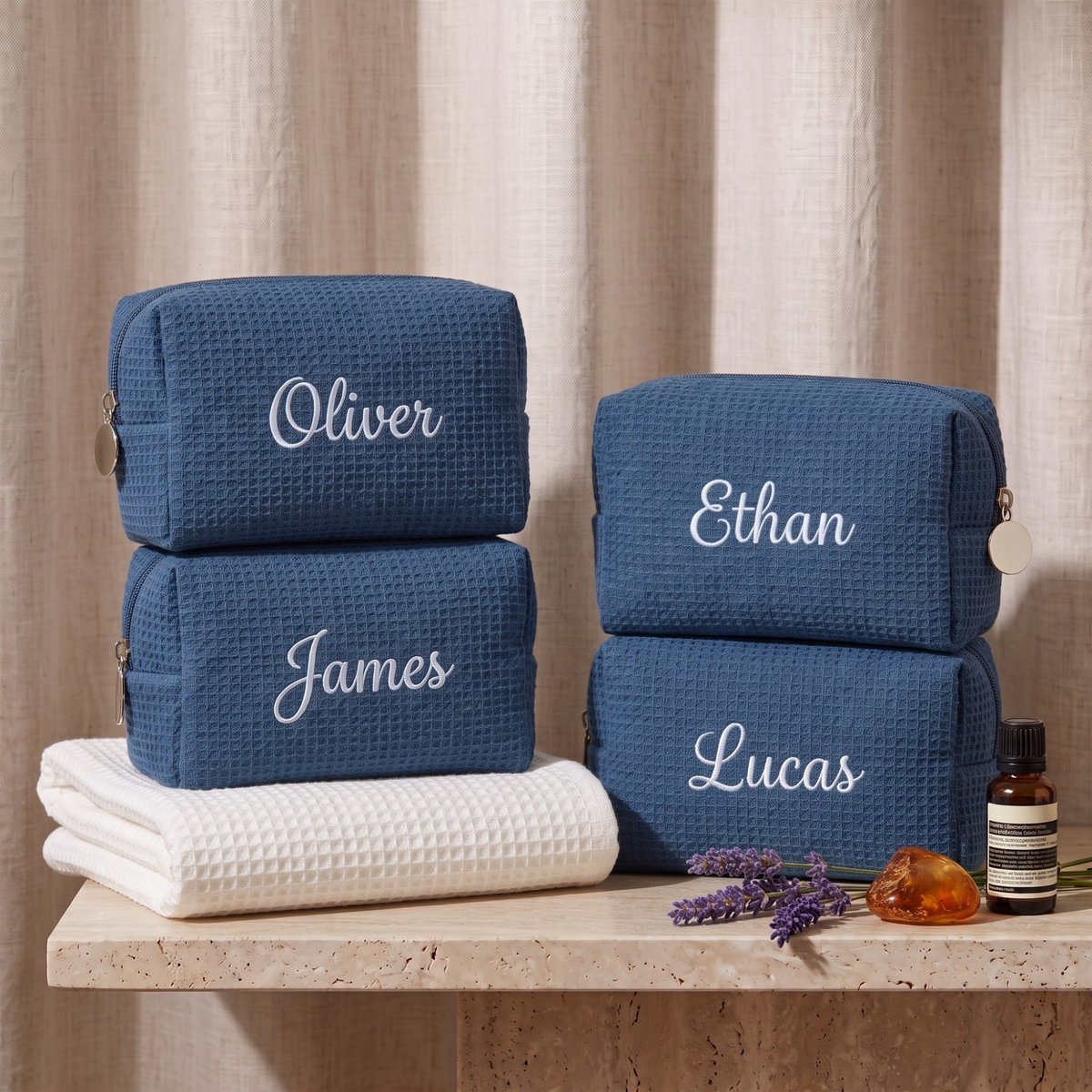 Embroidered Waffle Cosmetic Bag: Personalized Bridesmaid Makeup Bag, Bridal Shower Gift, Monogram Toiletry Bag, Gift for Her, Travel Bag