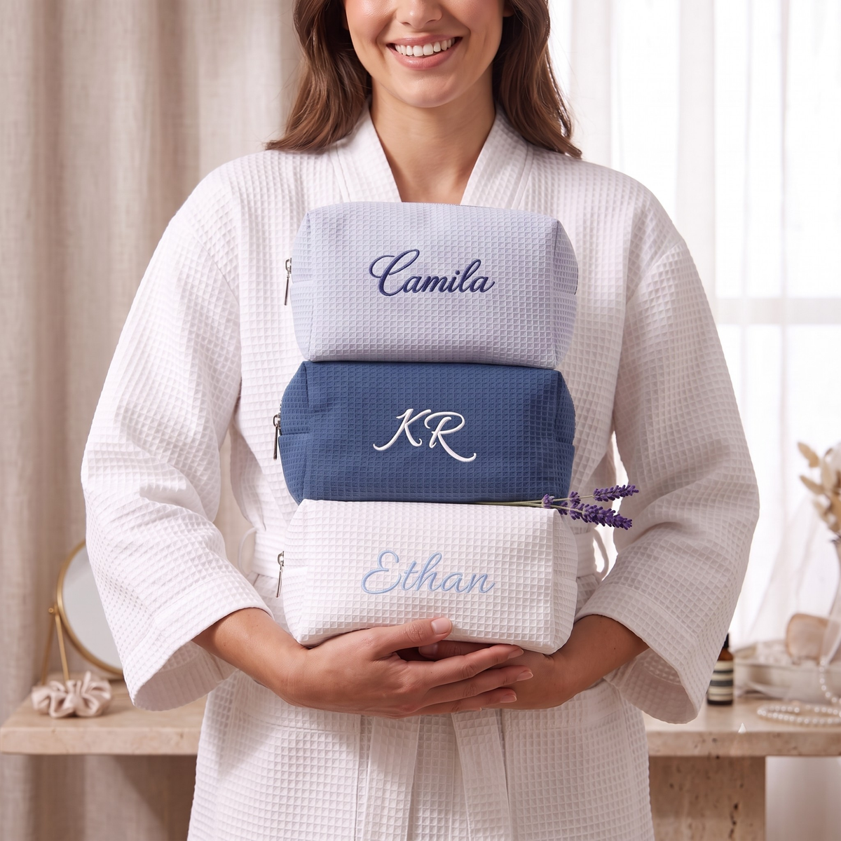 Embroidered Waffle Cosmetic Bag: Personalized Bridesmaid Makeup Bag, Bridal Shower Gift, Monogram Toiletry Bag, Gift for Her, Travel Bag