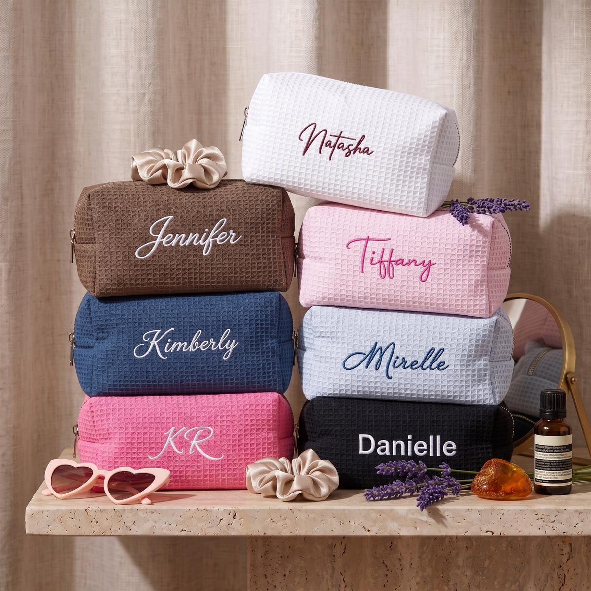Embroidered Waffle Cosmetic Bag: Personalized Bridesmaid Makeup Bag, Bridal Shower Gift, Monogram Toiletry Bag, Gift for Her, Travel Bag