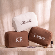 Embroidered Waffle Cosmetic Bag: Personalized Bridesmaid Makeup Bag, Bridal Shower Gift, Monogram Toiletry Bag, Gift for Her, Travel Bag