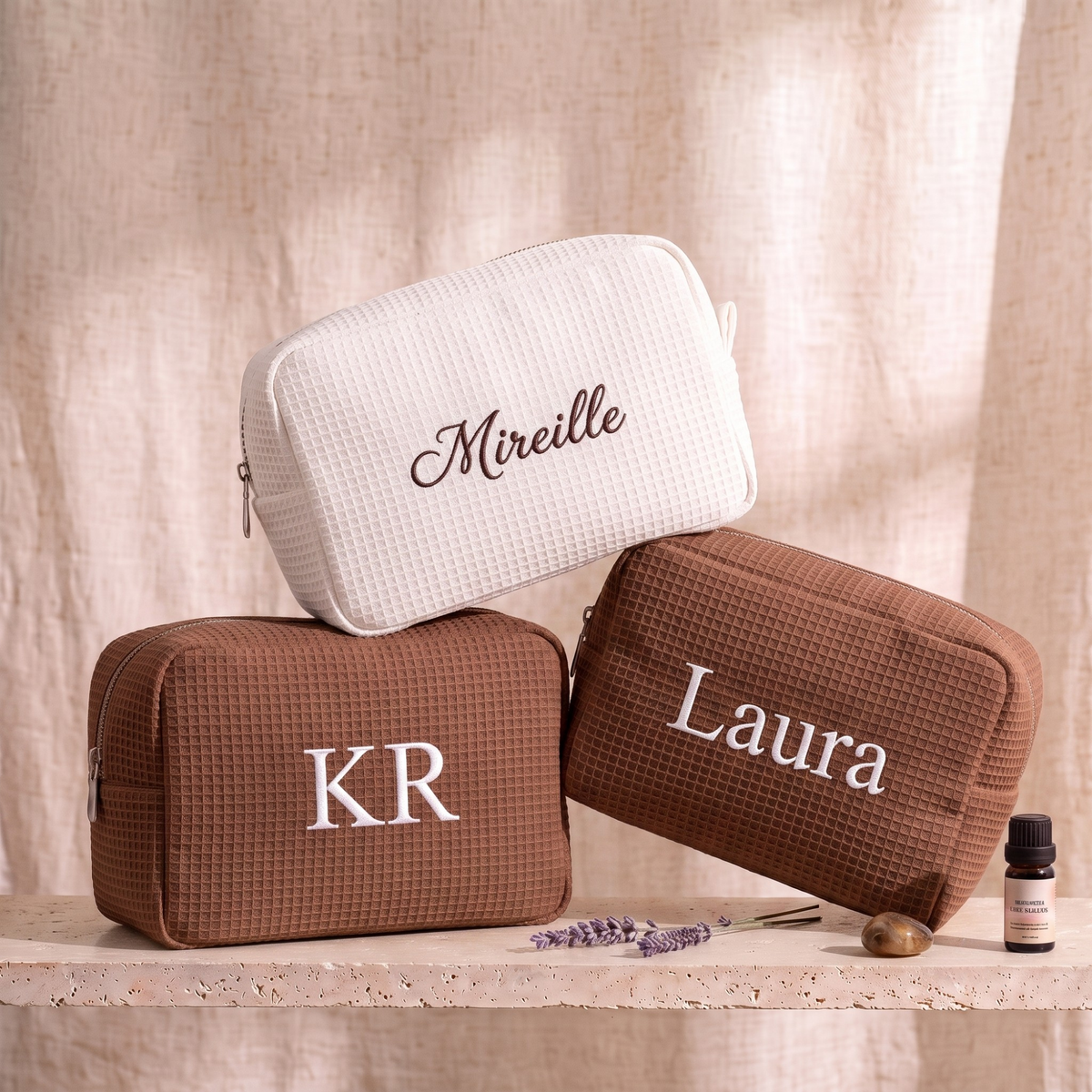 Embroidered Waffle Cosmetic Bag: Personalized Bridesmaid Makeup Bag, Bridal Shower Gift, Monogram Toiletry Bag, Gift for Her, Travel Bag