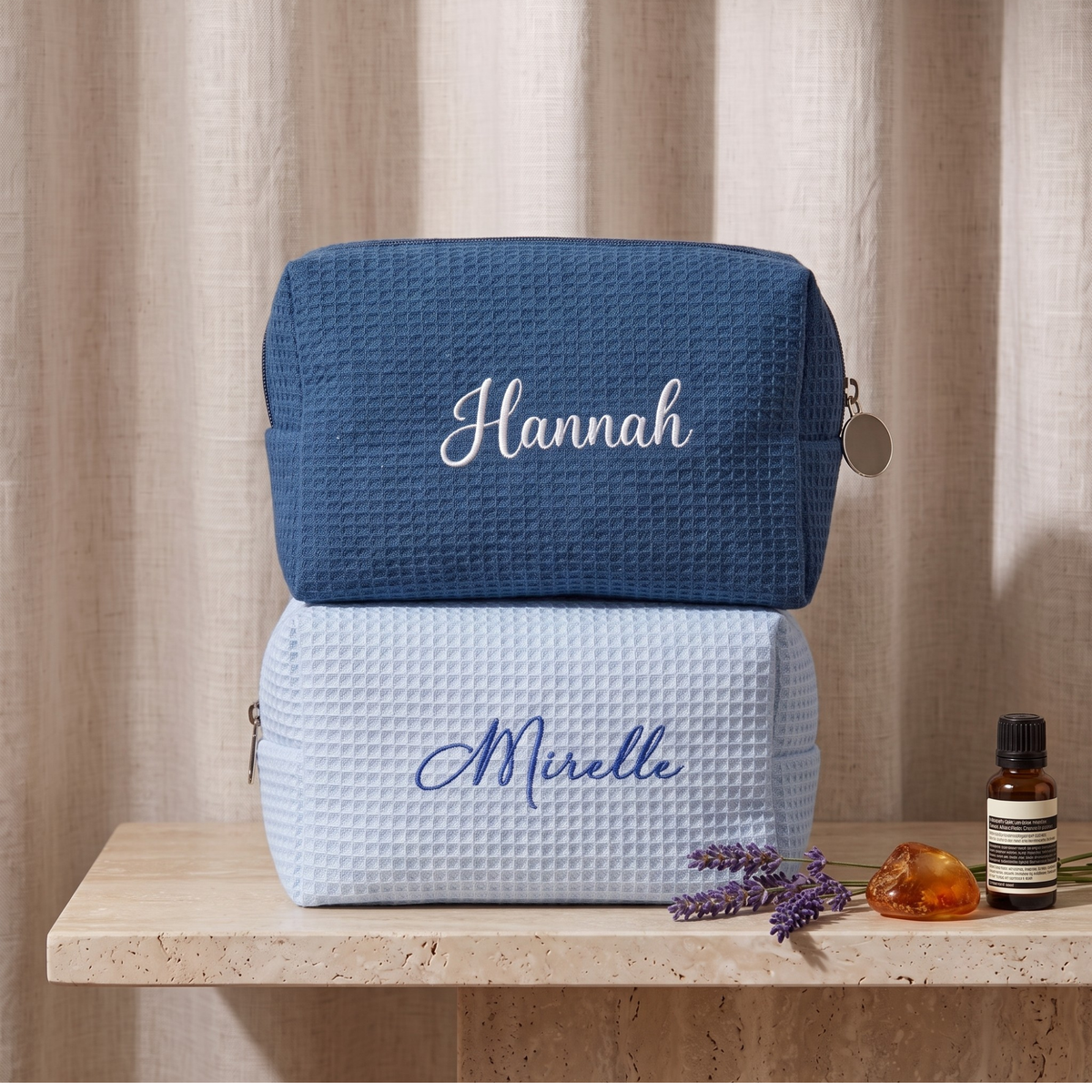 Embroidered Waffle Cosmetic Bag: Personalized Bridesmaid Makeup Bag, Bridal Shower Gift, Monogram Toiletry Bag, Gift for Her, Travel Bag