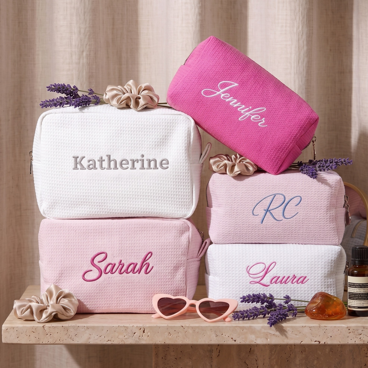 Embroidered Waffle Cosmetic Bag: Personalized Bridesmaid Makeup Bag, Bridal Shower Gift, Monogram Toiletry Bag, Gift for Her, Travel Bag