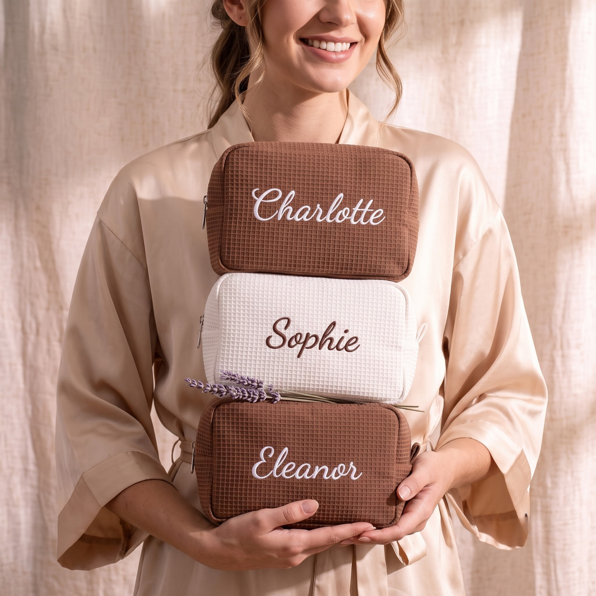 Embroidered Waffle Cosmetic Bag: Personalized Bridesmaid Makeup Bag, Bridal Shower Gift, Monogram Toiletry Bag, Gift for Her, Travel Bag