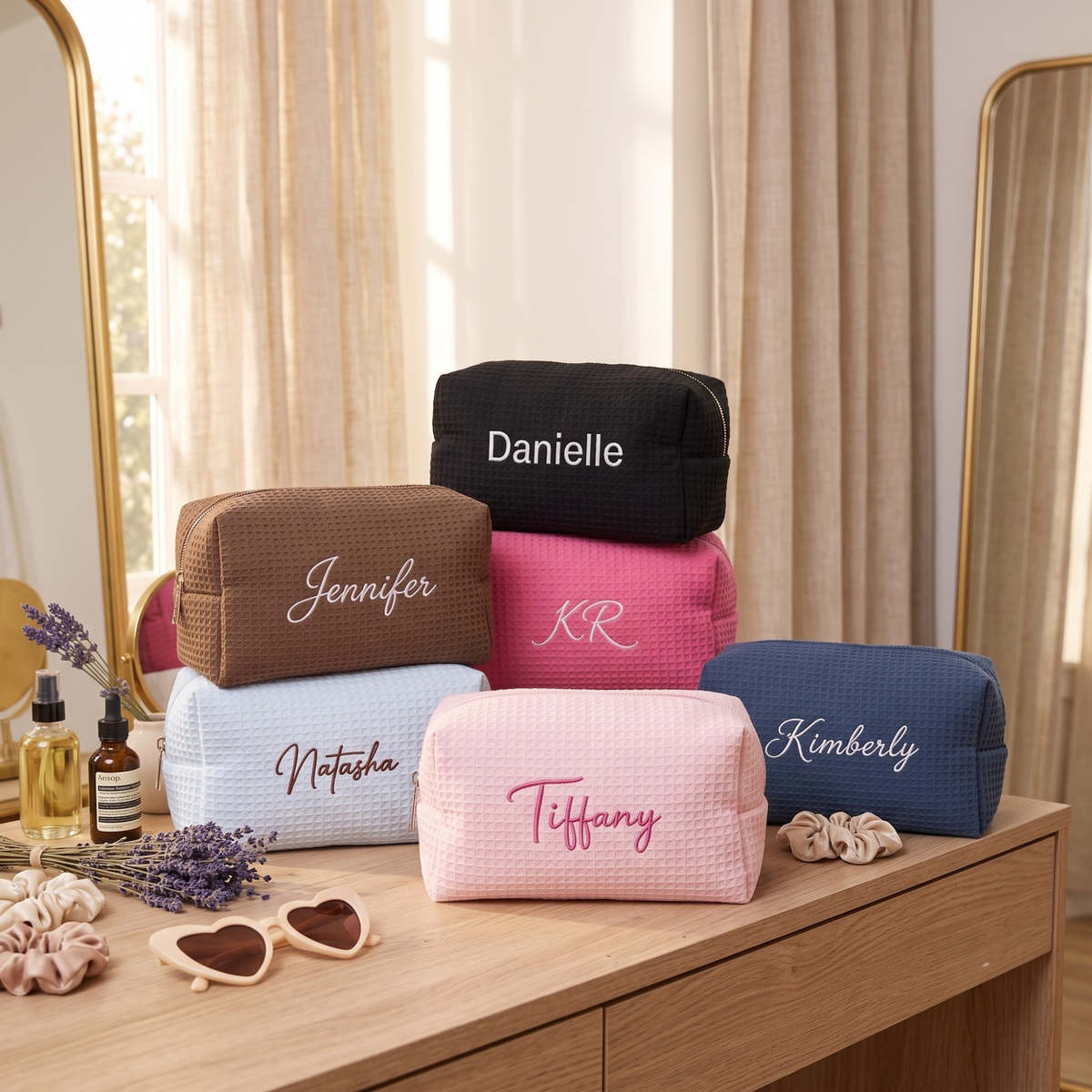 Embroidered Waffle Cosmetic Bag: Personalized Bridesmaid Makeup Bag, Bridal Shower Gift, Monogram Toiletry Bag, Gift for Her, Travel Bag