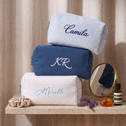 Embroidered Waffle Cosmetic Bag: Personalized Bridesmaid Makeup Bag, Bridal Shower Gift, Monogram Toiletry Bag, Gift for Her, Travel Bag