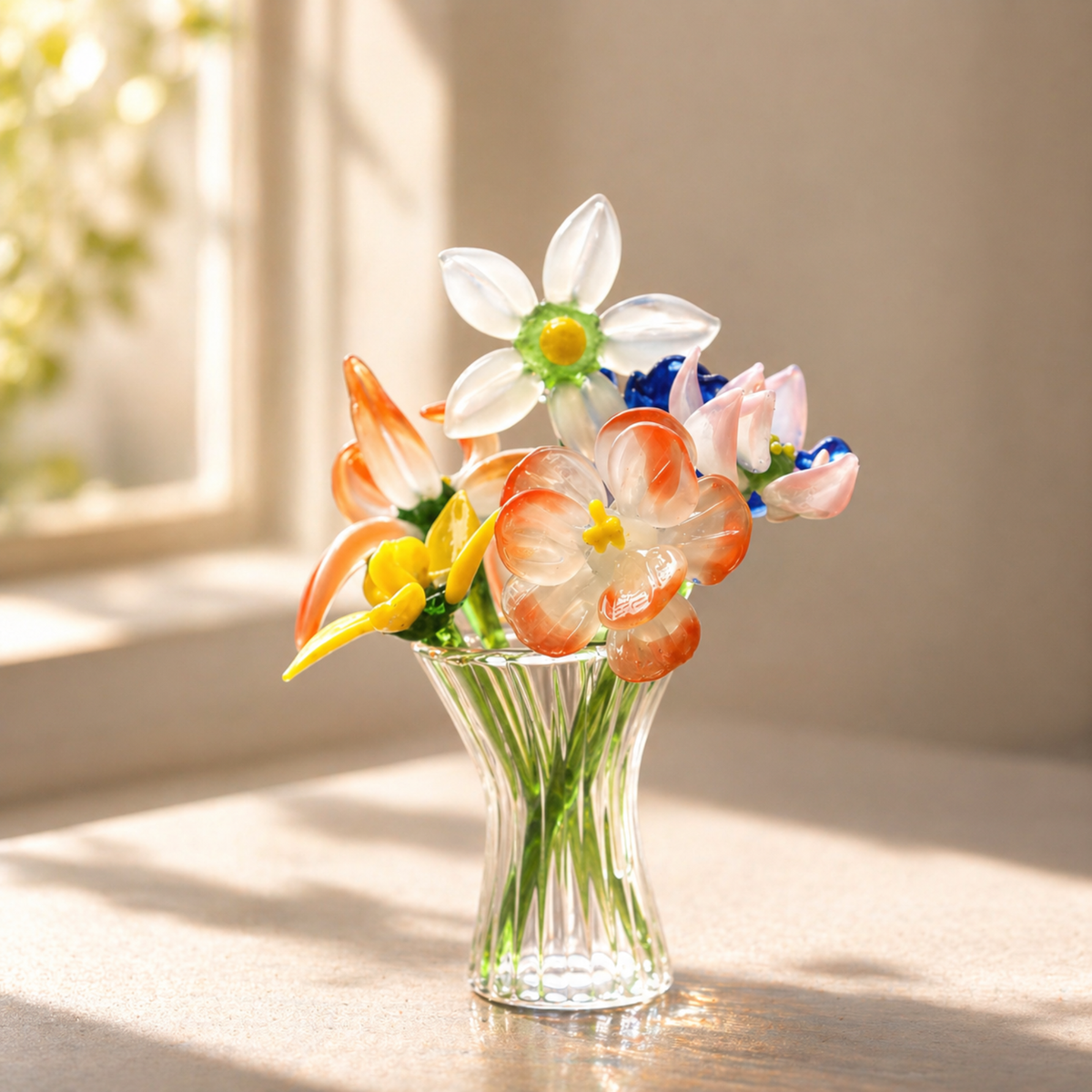Glass Birth Flower Bouquet Gift, Miniature Hand Blown Glass Birthflower Months with Mini Flowers and Vase