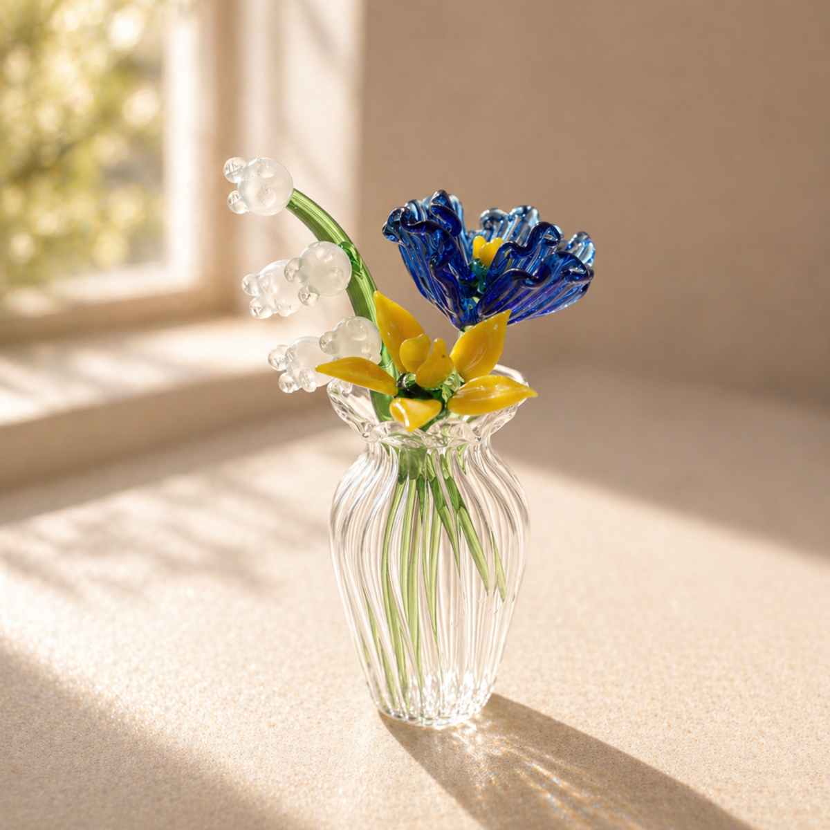 Glass Birth Flower Bouquet Gift, Miniature Hand Blown Glass Birthflower Months with Mini Flowers and Vase