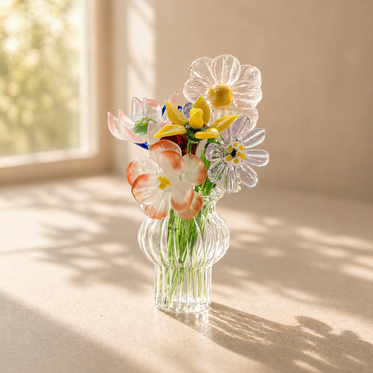 Glass Birth Flower Bouquet Gift, Miniature Hand Blown Glass Birthflower Months with Mini Flowers and Vase