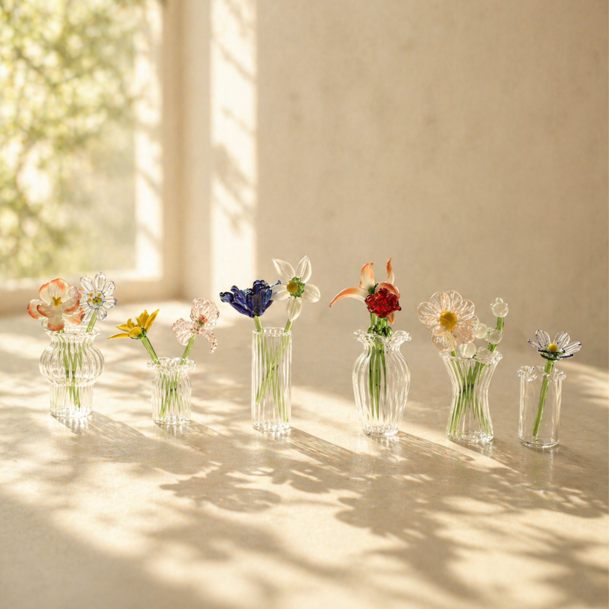 Glass Birth Flower Bouquet Gift, Miniature Hand Blown Glass Birthflower Months with Mini Flowers and Vase