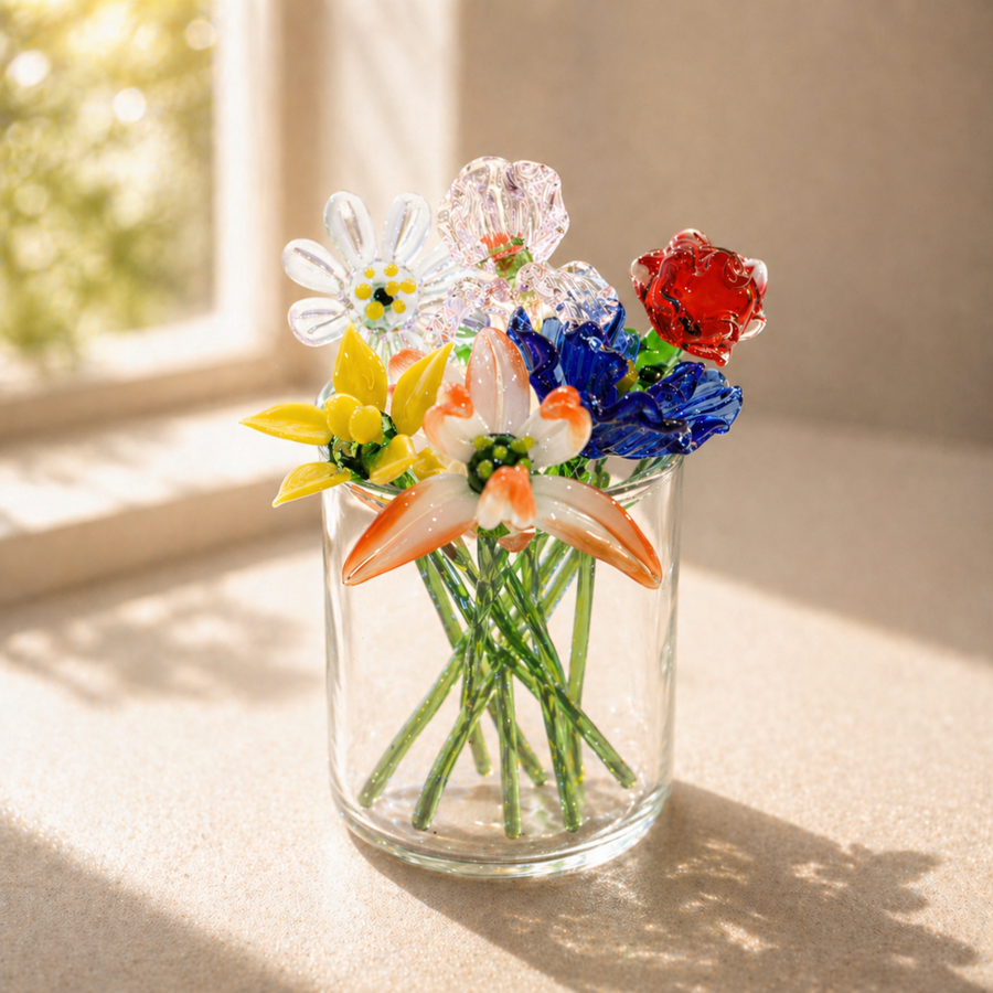 Glass Birth Flower Bouquet Gift, Miniature Hand Blown Glass Birthflower Months with Mini Flowers and Vase