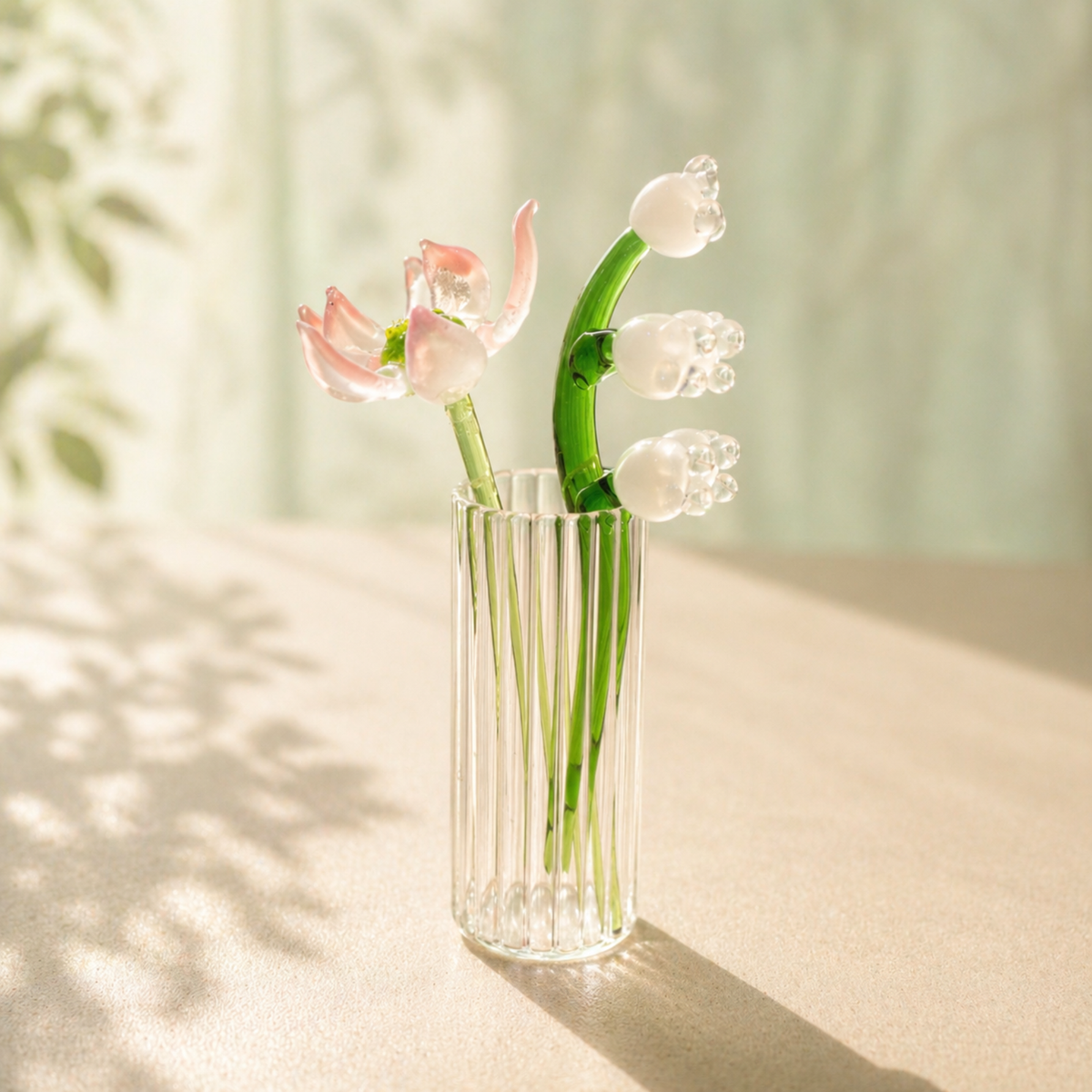 Glass Birth Flower Bouquet Gift, Miniature Hand Blown Glass Birthflower Months with Mini Flowers and Vase