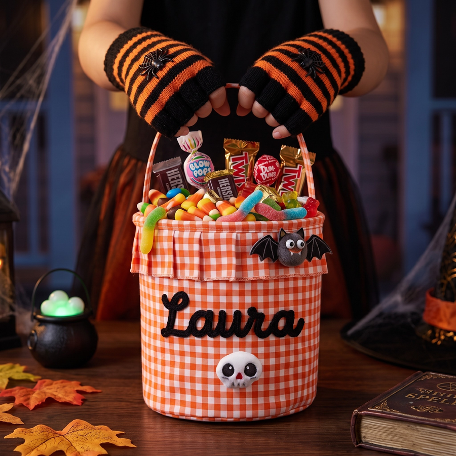 Halloween Basket Ruffle Personalized, Plaid Trick or Treat Bag with Custom Name, Halloween Candy Bucket for Kids, Halloween Basket Gift
