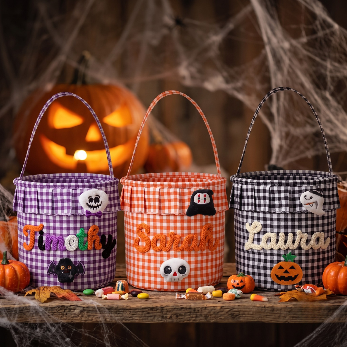 Halloween Basket Ruffle Personalized, Plaid Trick or Treat Bag with Custom Name, Halloween Candy Bucket for Kids, Halloween Basket Gift