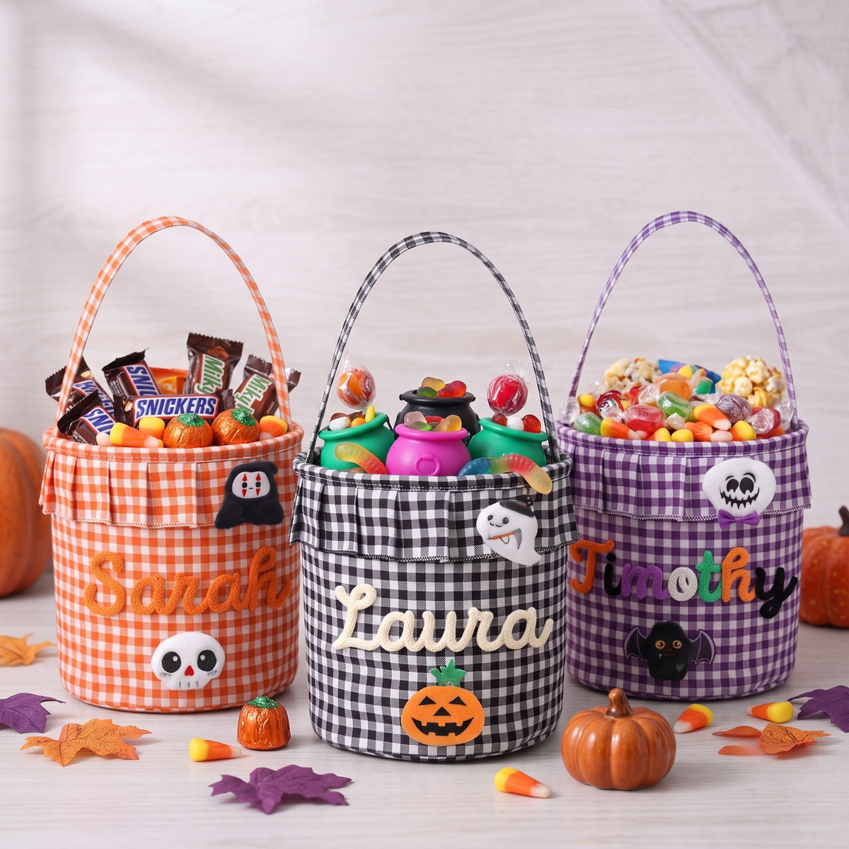 Halloween Basket Ruffle Personalized, Plaid Trick or Treat Bag with Custom Name, Halloween Candy Bucket for Kids, Halloween Basket Gift