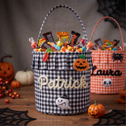 Halloween Basket Ruffle Personalized, Plaid Trick or Treat Bag with Custom Name, Halloween Candy Bucket for Kids, Halloween Basket Gift