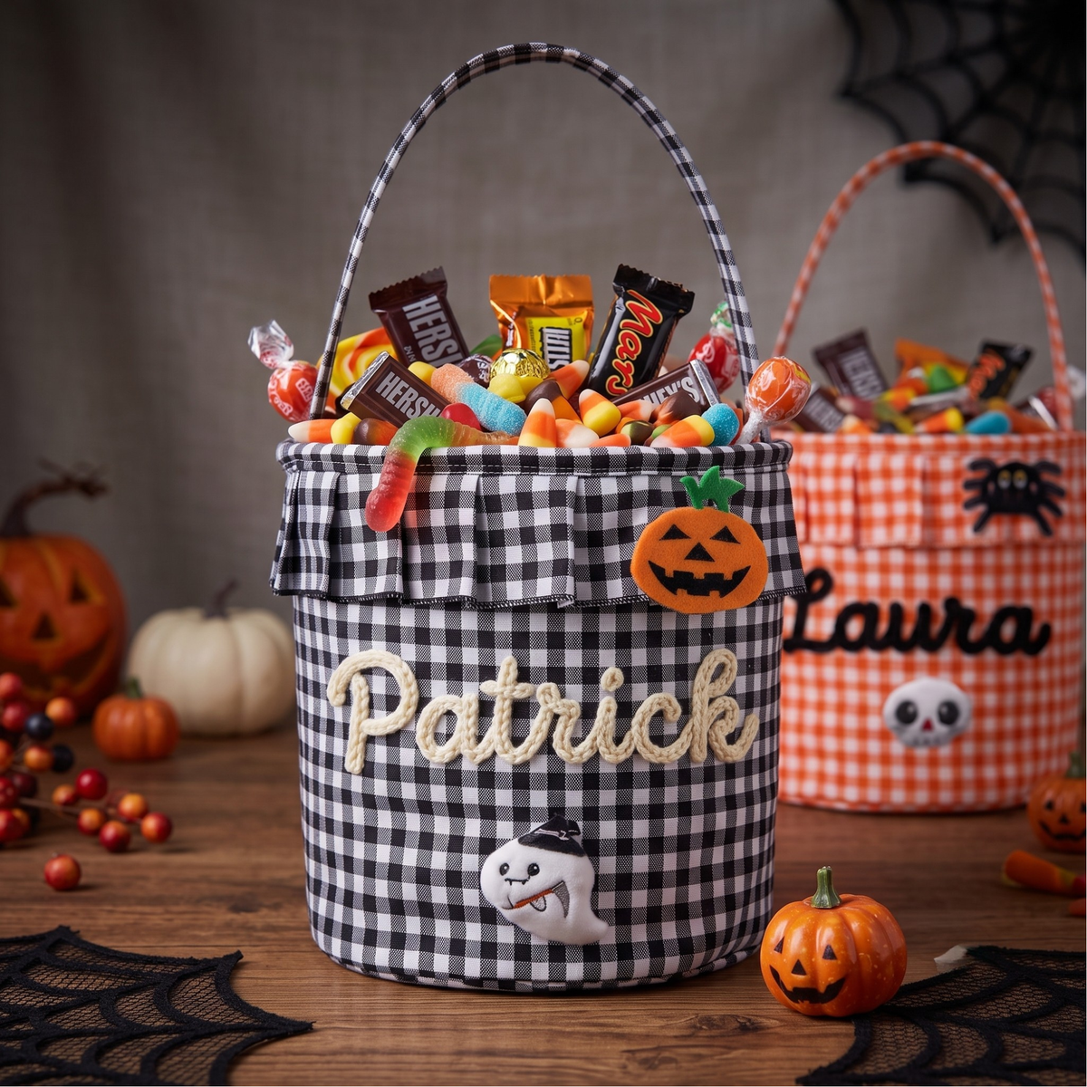 Halloween Basket Ruffle Personalized, Plaid Trick or Treat Bag with Custom Name, Halloween Candy Bucket for Kids, Halloween Basket Gift