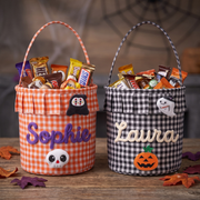 Halloween Basket Ruffle Personalized, Plaid Trick or Treat Bag with Custom Name, Halloween Candy Bucket for Kids, Halloween Basket Gift