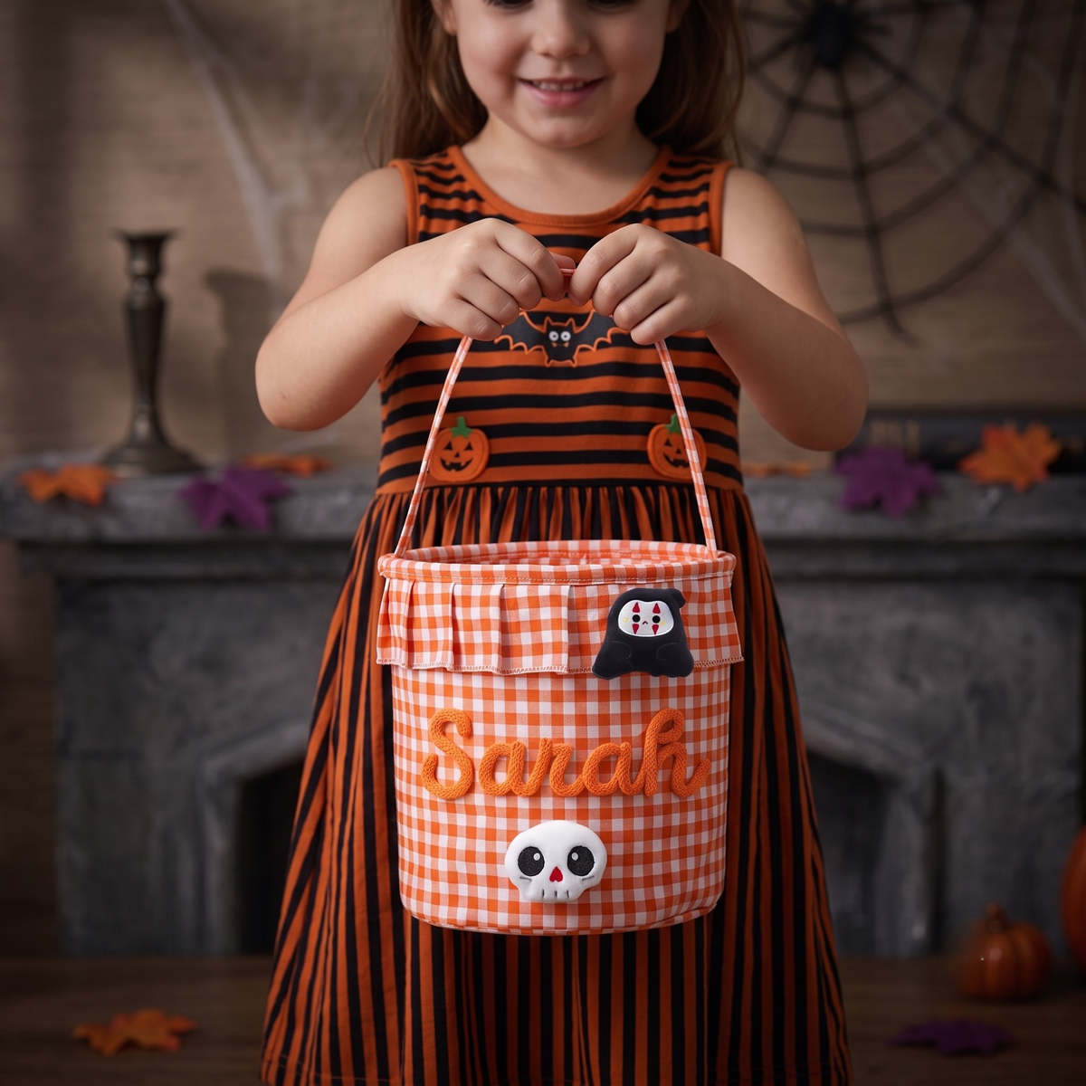 Halloween Basket Ruffle Personalized, Plaid Trick or Treat Bag with Custom Name, Halloween Candy Bucket for Kids, Halloween Basket Gift