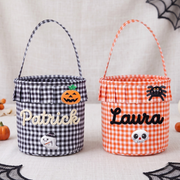 Halloween Basket Ruffle Personalized, Plaid Trick or Treat Bag with Custom Name, Halloween Candy Bucket for Kids, Halloween Basket Gift