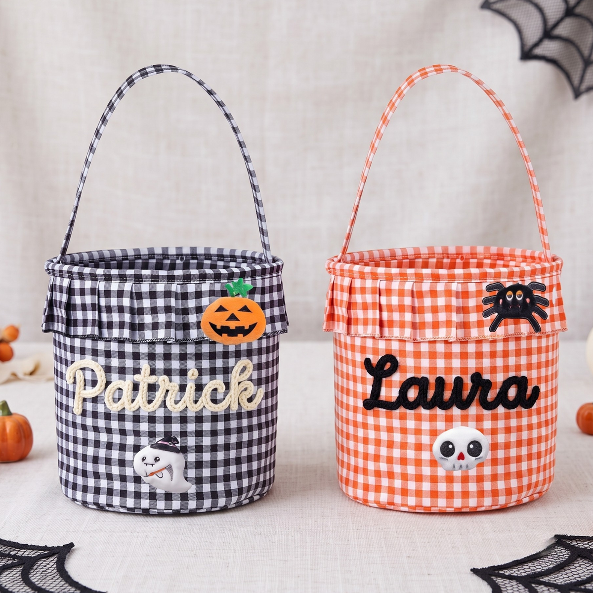 Halloween Basket Ruffle Personalized, Plaid Trick or Treat Bag with Custom Name, Halloween Candy Bucket for Kids, Halloween Basket Gift
