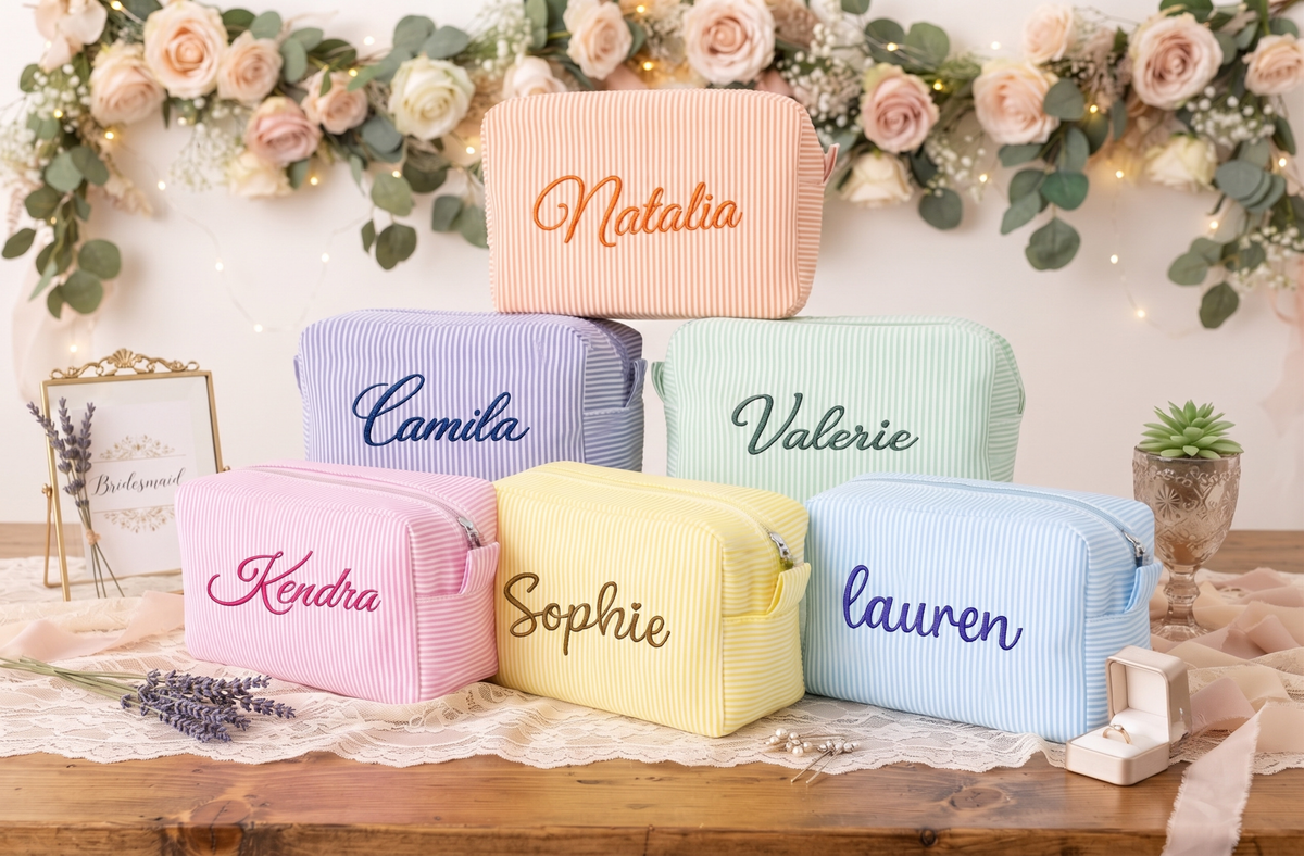 Monogram Seersucker Toiletry Bag, Custom Personalized Initial Bridesmaid Makeup Bag, Graduation Party Gift