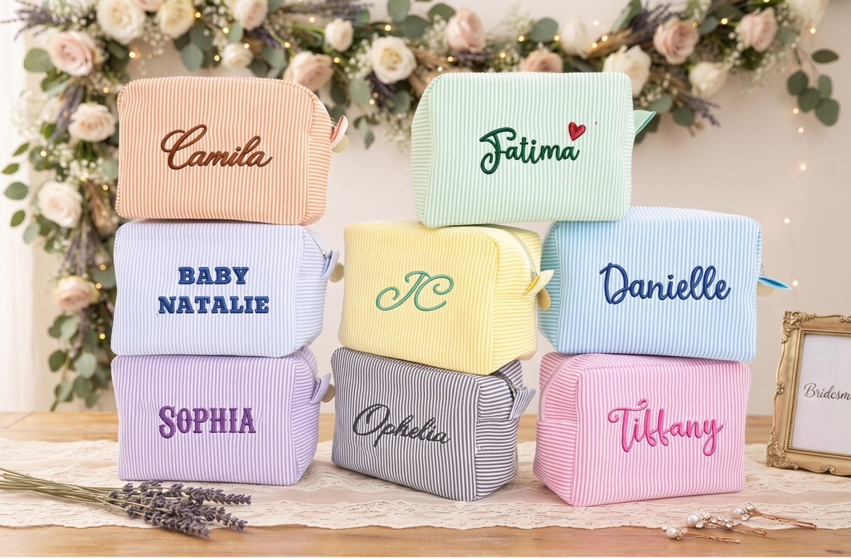 Monogram Seersucker Toiletry Bag, Custom Personalized Initial Bridesmaid Makeup Bag, Graduation Party Gift