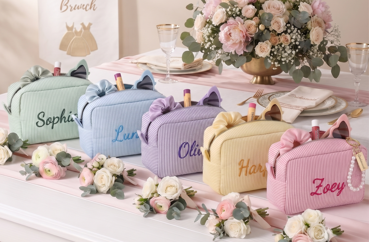 Monogram Seersucker Toiletry Bag, Custom Personalized Initial Bridesmaid Makeup Bag, Graduation Party Gift
