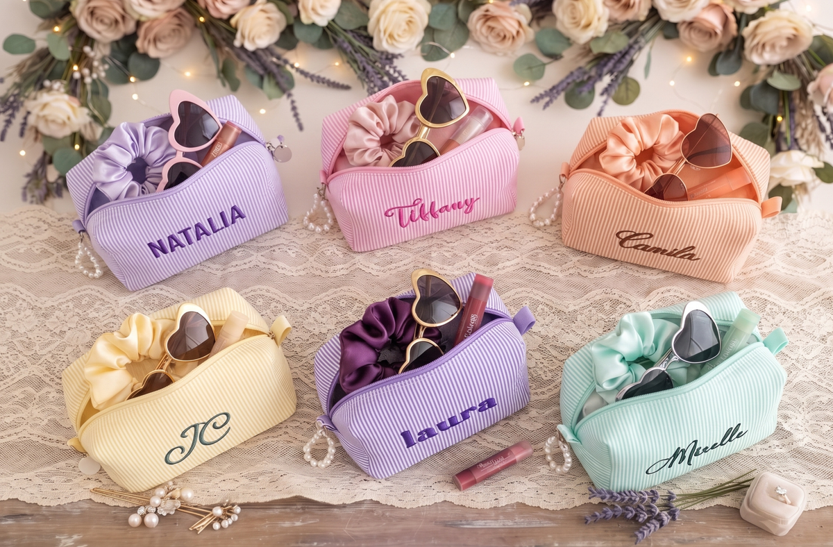 Monogram Seersucker Toiletry Bag, Custom Personalized Initial Bridesmaid Makeup Bag, Graduation Party Gift