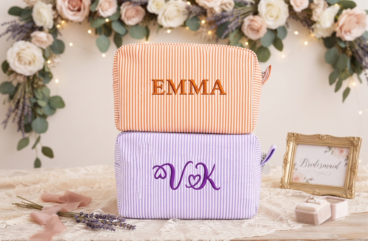 Monogram Seersucker Toiletry Bag, Custom Personalized Initial Bridesmaid Makeup Bag, Graduation Party Gift