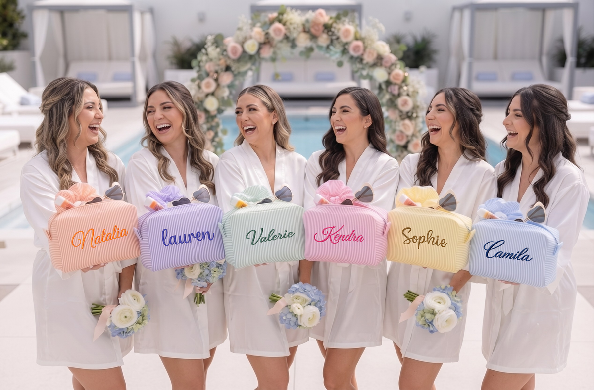 Monogram Seersucker Toiletry Bag, Custom Personalized Initial Bridesmaid Makeup Bag, Graduation Party Gift