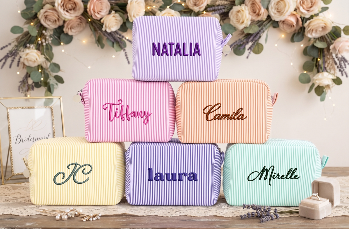 Monogram Seersucker Toiletry Bag, Custom Personalized Initial Bridesmaid Makeup Bag, Graduation Party Gift