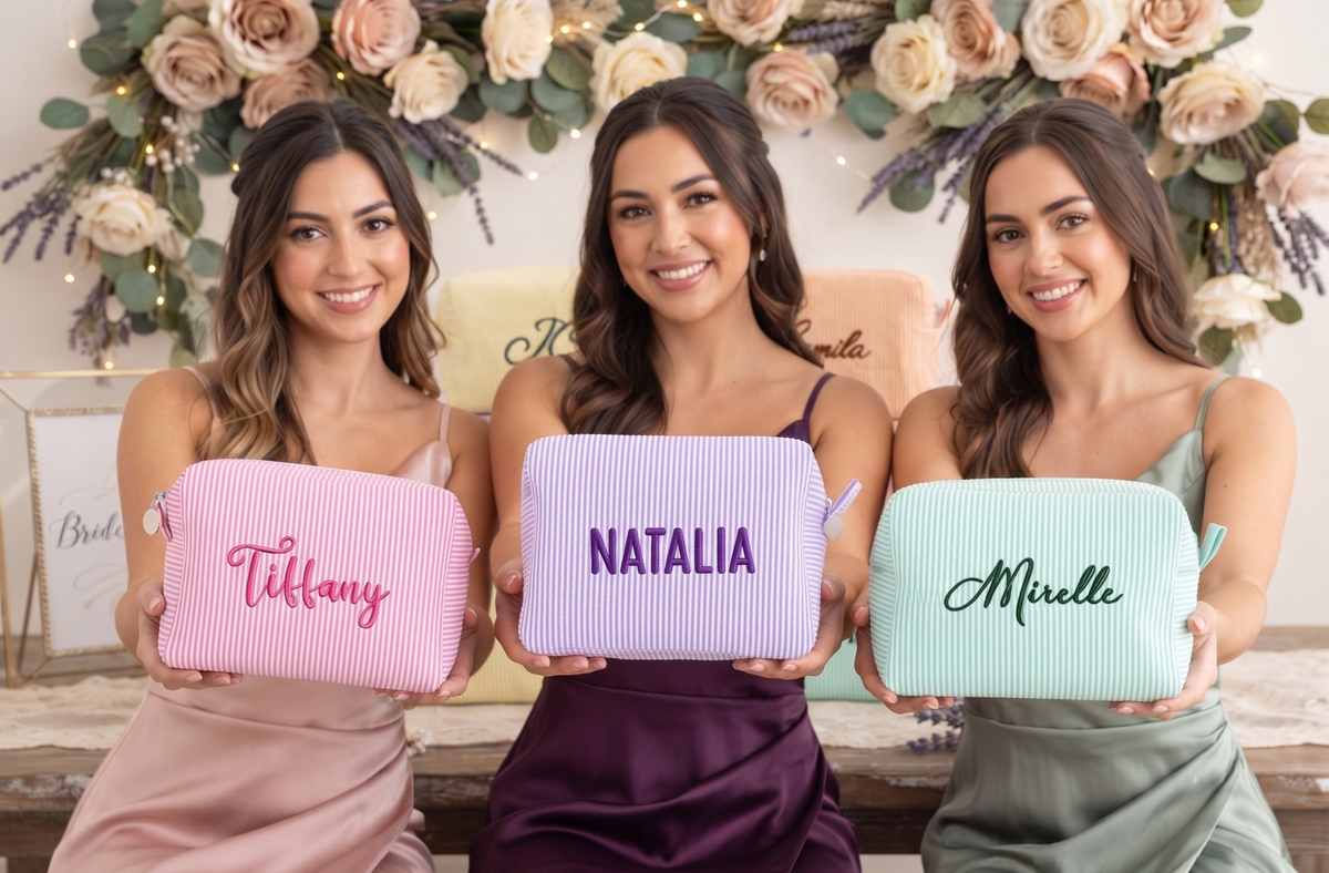 Monogram Seersucker Toiletry Bag, Custom Personalized Initial Bridesmaid Makeup Bag, Graduation Party Gift
