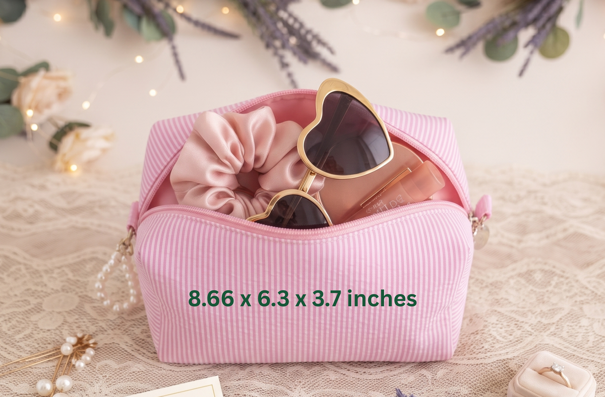 Monogram Seersucker Toiletry Bag, Custom Personalized Initial Bridesmaid Makeup Bag, Graduation Party Gift