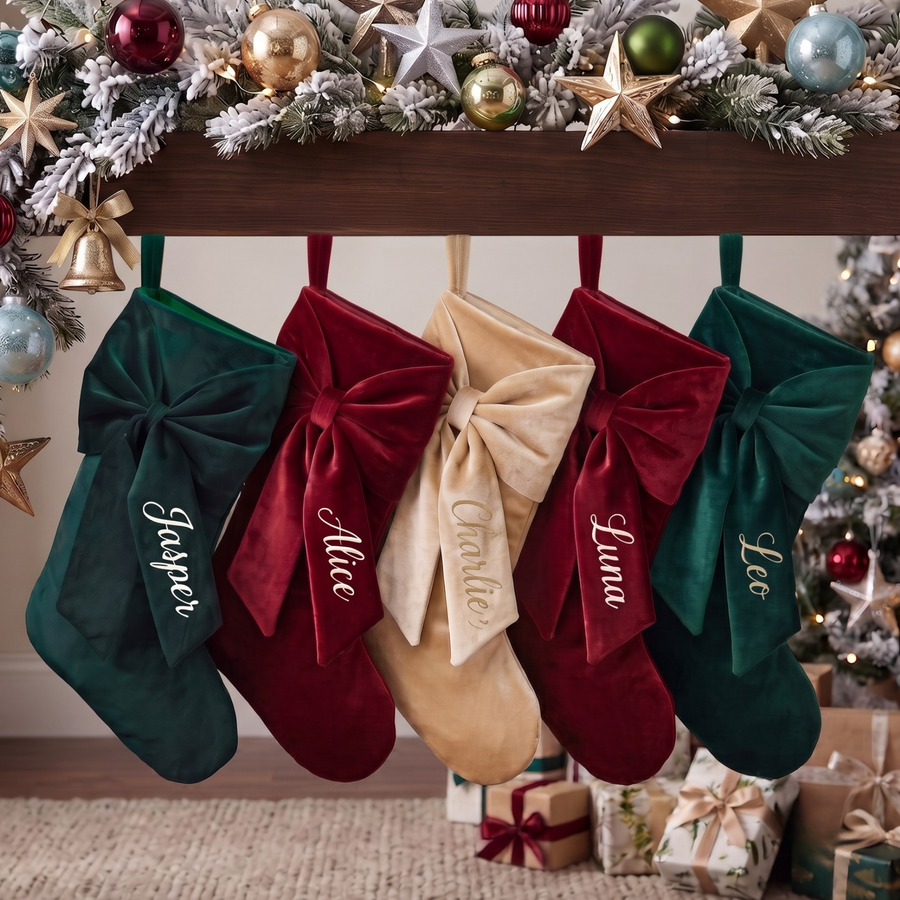 2026 Personalized Velvet Christmas Stocking, Custom Holiday Name Stockings with Bow, Elegant Holiday Gift , Coquette Christmas Decor